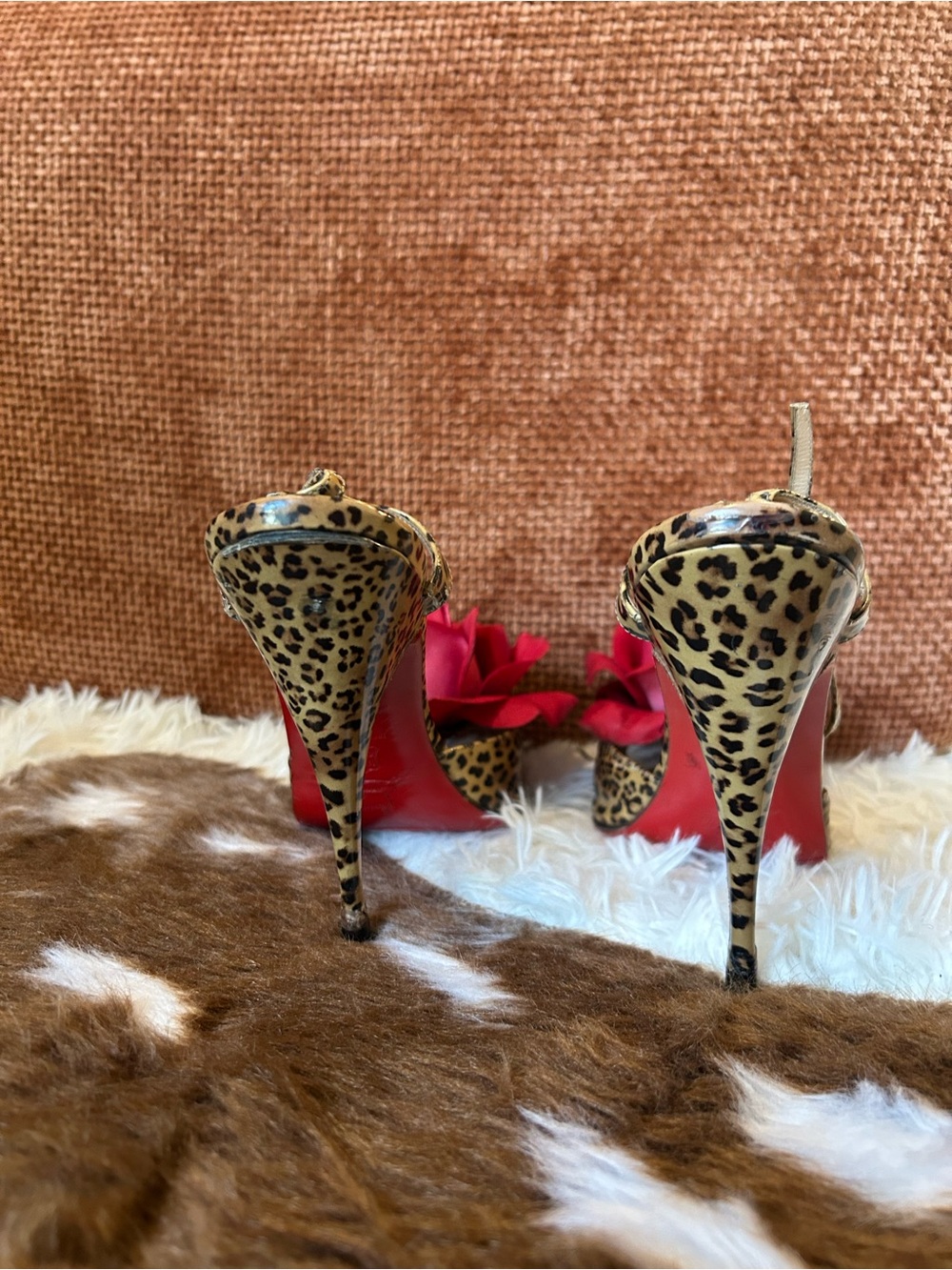 Christian Louboutin Leopard Print Patent Leather T-Strap Peep Toe Heels - Picture 4 of 9